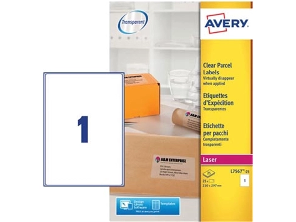 Een Avery L7567-25 verzendetiketten ft 210 x 297 mm (b x h), 25 etiketten, transparant koop je bij Muys Kantoor & Kado