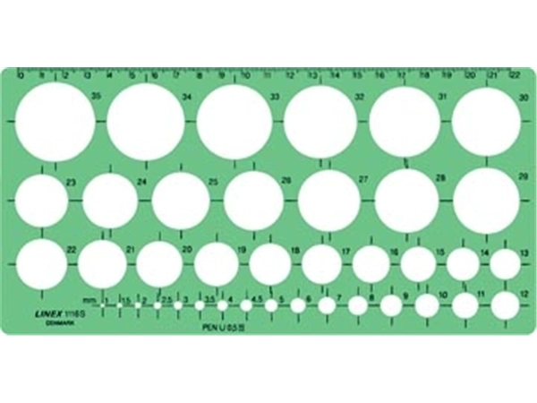 Een Linex cirkelsjabloon 1 - 35 mm, met 39 cirkels en milimeteruitlijning koop je bij Muys Kantoor & Kado