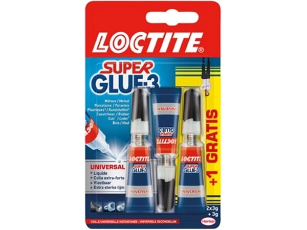 Een Loctite secondelijm Super Glue Universal, 2 + 1 gratis, op blister koop je bij Muys Kantoor & Kado