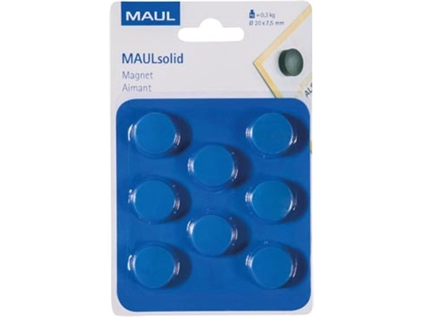 Een MAUL magneet Solid, 20 mm, trekkracht 300 gr, blister van 8 stuks, blauw koop je bij Muys Kantoor & Kado