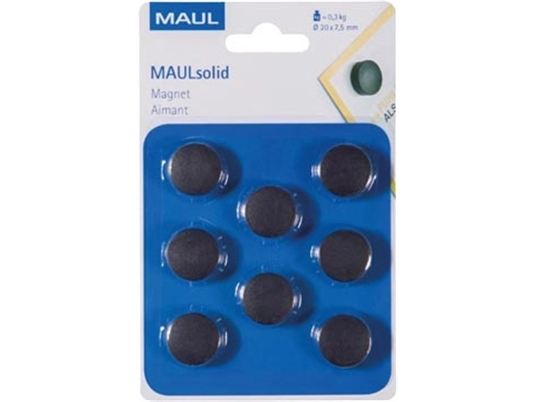 Een MAUL magneet Solid, 20 mm, trekkracht 300 gr, blister van 8 stuks, zwart koop je bij Muys Kantoor & Kado