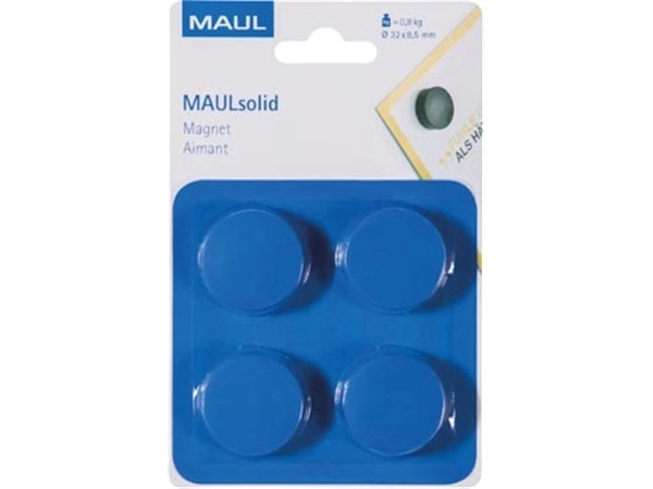 Een MAUL magneet Solid, 32 mm, trekkracht 800 gr, blister van 4 stuks, blauw koop je bij Muys Kantoor & Kado