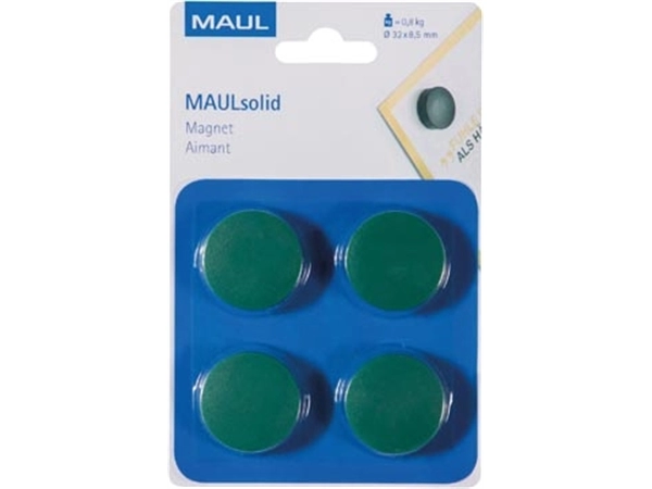 Een MAUL magneet Solid, 32 mm, trekkracht 800 gr, blister van 4 stuks, groen koop je bij Muys Kantoor & Kado