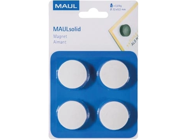 Een MAUL magneet Solid, 32 mm, trekkracht 800 gr, blister van 4, stuks, wit koop je bij Muys Kantoor & Kado