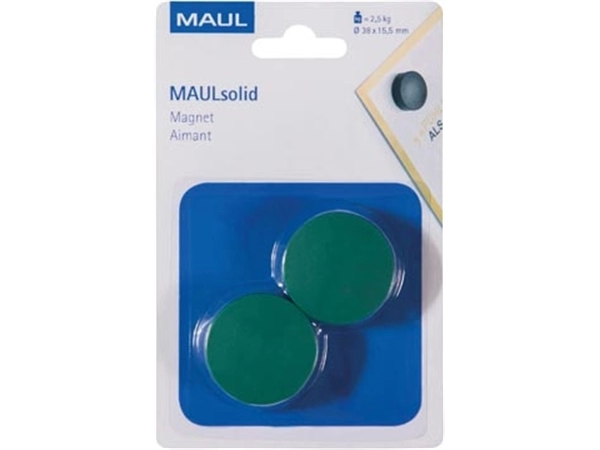 Een MAUL magneet Solid, 38 mm, trekkracht 2,5 kg, blister van 2 stuks, groen koop je bij Muys Kantoor & Kado