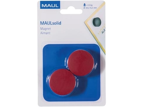 Een MAUL magneet Solid, 38 mm, trekkracht 2,5 kg, blister van 2 stuks, rood koop je bij Muys Kantoor & Kado