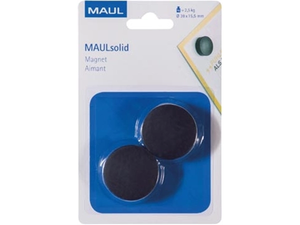 Een MAUL magneet Solid, 38 mm, trekkracht 2,5 kg, blister van 2 stuks, zwart koop je bij Muys Kantoor & Kado