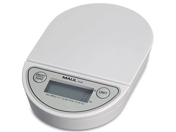 Een MAUL postweegschaal Oval 2 kg ( /1gr) incl. batterij wit koop je bij Muys Kantoor & Kado