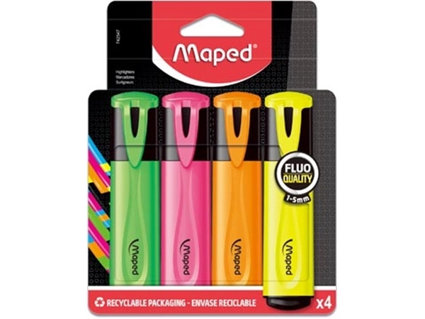 Een Maped markeerstift Fluo'Peps Classic etui van 4 stuks: geel, oranje, roze en groen koop je bij Muys Kantoor & Kado