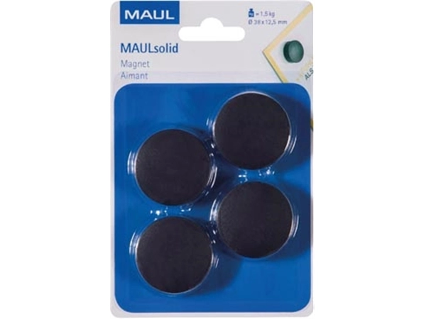 Een Maul magneet Solid, 38 mm, trekkracht 1,5 kg, blister van 4 stuks, zwart koop je bij Muys Kantoor & Kado