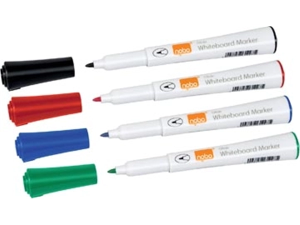 Een Nobo Glide whiteboardmarker, pak van 4 stuks, geassorteerde kleuren koop je bij Muys Kantoor & Kado