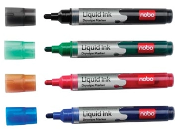 Een Nobo Witbordstift Geassorteerde kleuren: zwart, groen, rood en blauw, blister van 4 stuks koop je bij Muys Kantoor & Kado