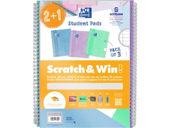 Een Oxford School collegeblok, ft A4+, gelijnd, 23-gaats, 80 vel, pastel assorti, 2+1 gratis, Scratch & Win koop je bij Muys Kantoor & Kado