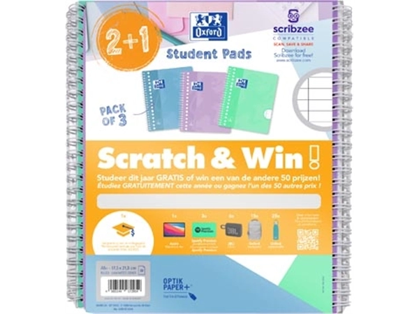 Een Oxford School collegeblok, ft A5+, gelijnd, 17-gaats, 80 vel, pastel assorti, 2+1 gratis, Scratch & Win koop je bij Muys Kantoor & Kado