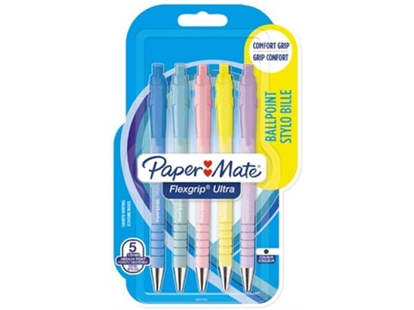 Een Paper Mate balpen Flexgrip Pastel RT, medium, blauwe inkt, blister van 5 stuks, assorti koop je bij Muys Kantoor & Kado