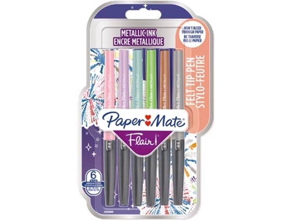 Een Paper Mate fineliner Flair, blister van 6 stuks in geassorteerde metallic kleuren koop je bij Muys Kantoor & Kado