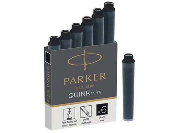 Een Parker Quink Mini inktpatronen zwart, doos met 6 stuks koop je bij Muys Kantoor & Kado