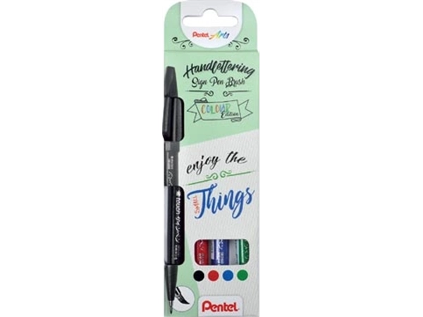 Een Pentel brushpen Sign Pen Brush Touch, kartonnen etui met 4 stuks: zwart, blauw, rood en groen koop je bij Muys Kantoor & Kado