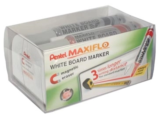 Een Pentel whiteboardmarker Maxiflo set van 4 stuks: blauw, rood, groen en zwart + magnetische bordwisser koop je bij Muys Kantoor & Kado