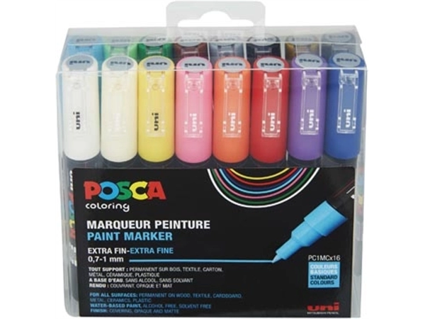 Een Posca paintmarker 1MC, extra-fijne punt, assorti, etui met 16 stuks koop je bij Muys Kantoor & Kado