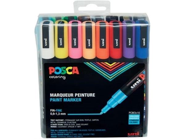 Een Posca paintmarker PC-3M, etui met 16 stuks in geassorteerde kleuren koop je bij Muys Kantoor & Kado