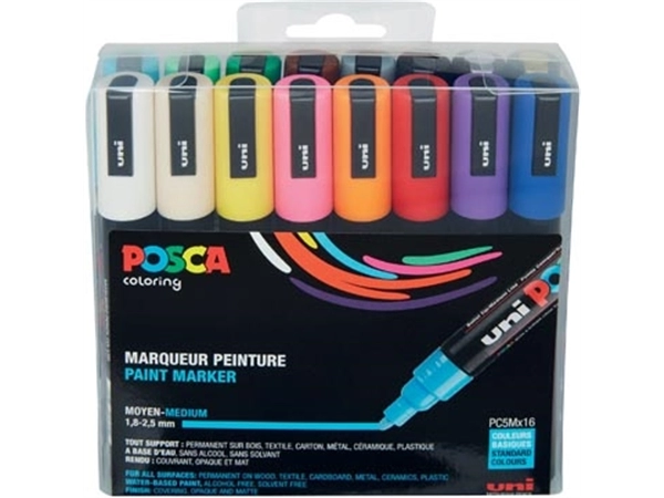 Een Posca paintmarker PC-5M, etui met 16 stuks in geassorteerde kleuren koop je bij Muys Kantoor & Kado