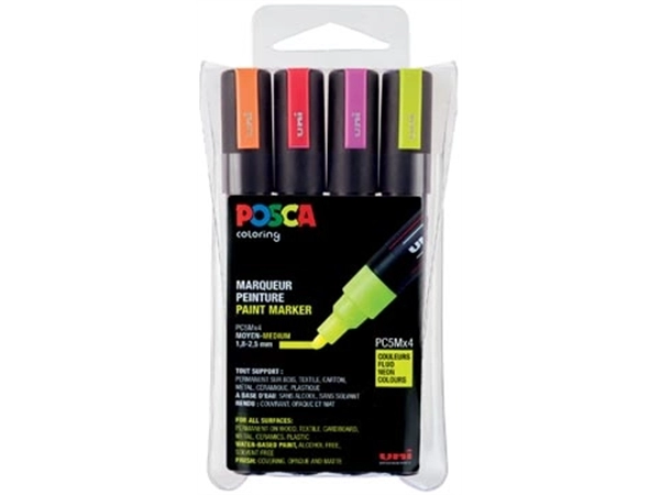 Een Posca paintmarker PC-5M, etui met 4 stuks in geassorteerde fluo kleuren koop je bij Muys Kantoor & Kado