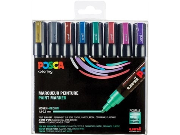 Een Posca paintmarker PC-5M, set van 8 markers in geassorteerde metallic kleuren koop je bij Muys Kantoor & Kado