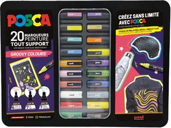 Een Posca paintmarkers, metalen doos van 20 stuks, assorti, ontwerp Groovy Colours koop je bij Muys Kantoor & Kado