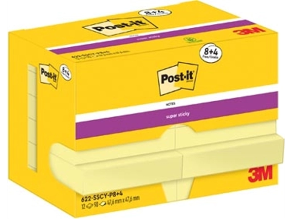 Een Post-It Super Sticky Notes, 90 vel, ft 47,6 x 47,6 mm, geel, 8 + 4 GRATIS koop je bij Muys Kantoor & Kado