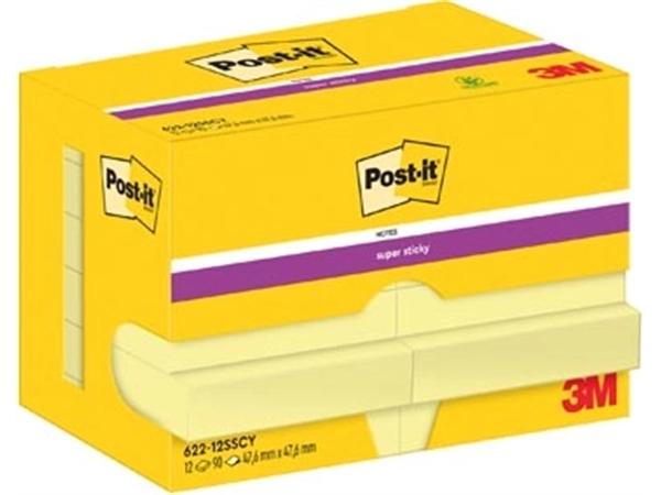 Een Post-It Super Sticky Notes, 90 vel, ft 47,6 x 47,6 mm, geel, pak van 12 blokken koop je bij Muys Kantoor & Kado