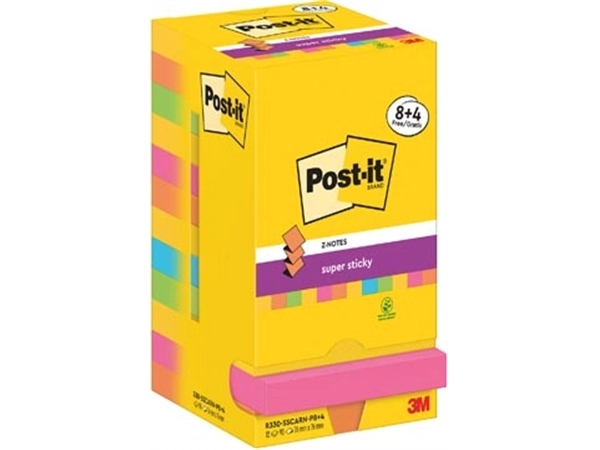 Een Post-It Super Sticky Z-Notes Carnival, 90 vel, ft 76 x 76 mm, 8 + 4 GRATIS koop je bij Muys Kantoor & Kado