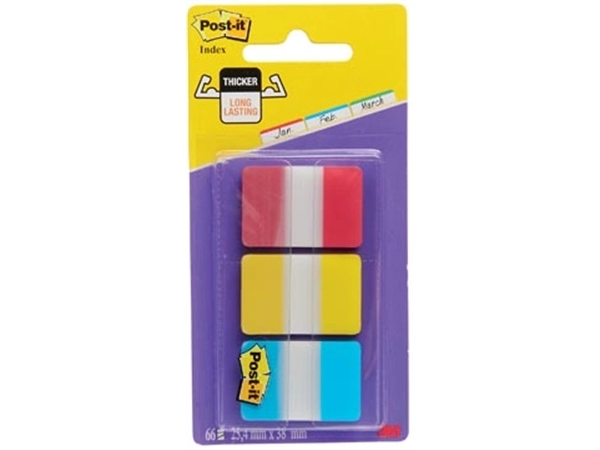 Een Post-it Index Strong, ft 25,4 x 38 mm, set van 3 kleuren (rood, geel en blauw), 22 tabs per kleur koop je bij Muys Kantoor & Kado