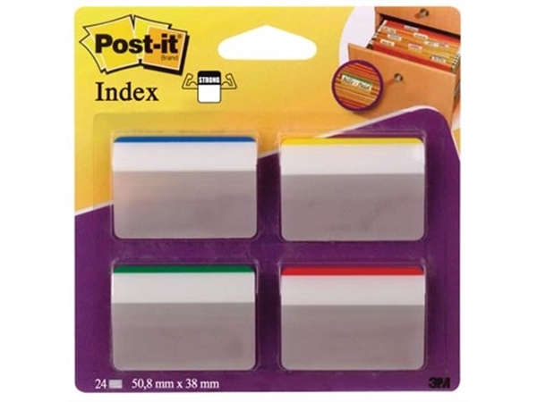 Een Post-it Index Strong, ft 50,8 x 38 mm, voor hangmappen, set van 24 tabs, 4 kleuren, 6 tabs per kleur koop je bij Muys Kantoor & Kado