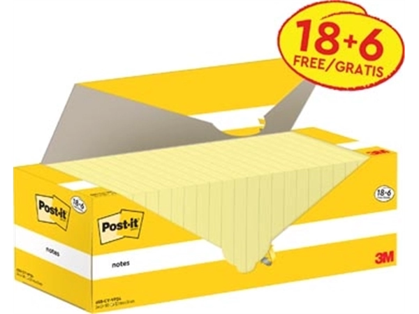 Een Post-it Notes, 100 vel, ft 76 x 127 mm, kanariegeel (canary yellow), 18 blokken + 6 GRATIS koop je bij Muys Kantoor & Kado