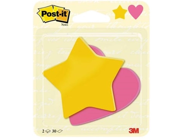 Een Post-it Notes, 2 x 30 vel, ft 70 x 72 mm, ster ultra geel, hart power roze koop je bij Muys Kantoor & Kado