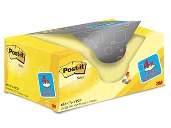 Een Post-it Notes, ft 38 x 51 mm, geel, blok van 100 vel, pak van 16 + 4 gratis koop je bij Muys Kantoor & Kado