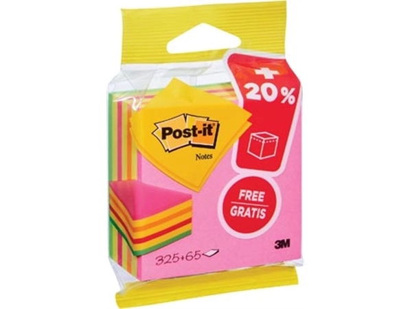 Een Post-it Notes kubus ft 76 mm x 76 mm, Neon, blok van 325 + 65 vel gratis, op blister koop je bij Muys Kantoor & Kado