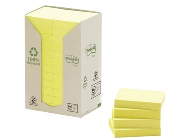 Een Post-it Recycled notes, 100 vel, ft 38 x 51 mm, geel, pak van 24 blokken koop je bij Muys Kantoor & Kado