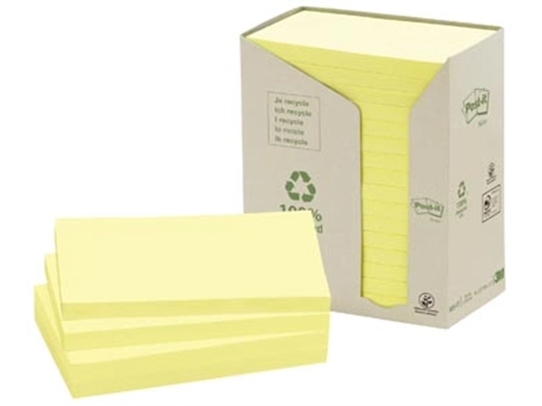 Een Post-it Recycled notes, 100 vel, ft 76 x 127 mm, geel, pak van 16 blokken koop je bij Muys Kantoor & Kado