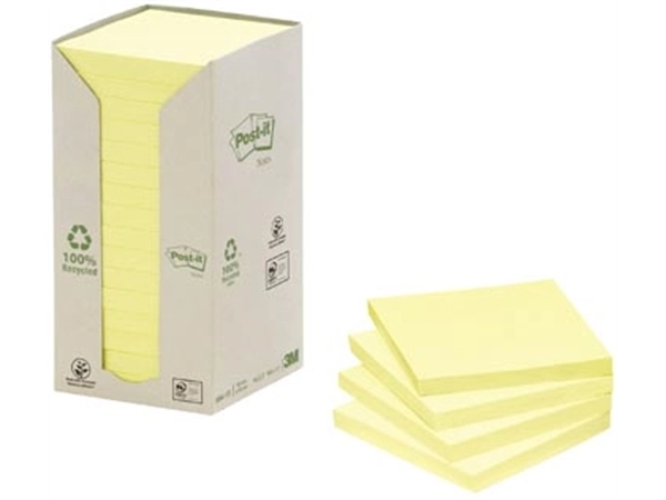 Een Post-it Recycled notes, 100 vel, ft 76 x 76 mm, geel, pak van 16 blokken koop je bij Muys Kantoor & Kado