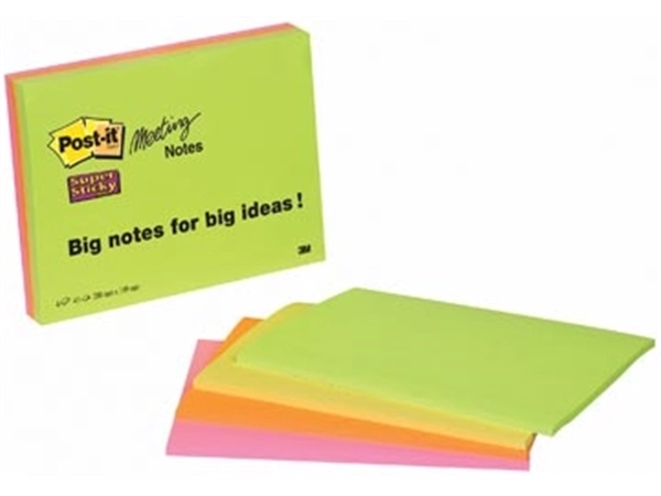 Een Post-it Super Sticky Meeting notes, 45 vel, ft 152 x 203 mm, geassorteerde kleuren, pak van 4 blokken koop je bij Muys Kantoor & Kado