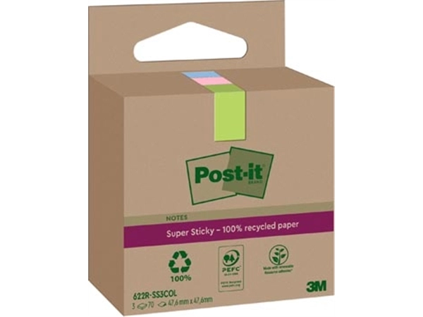 Een Post-it Super Sticky Notes Recycled, 70 vel, ft 47,6 x 47,6 mm, assorti, pak van 3 blokken koop je bij Muys Kantoor & Kado