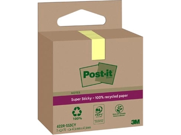 Een Post-it Super Sticky Notes Recycled, 70 vel, ft 47,6 x 47,6 mm, geel, pak van 3 blokken koop je bij Muys Kantoor & Kado