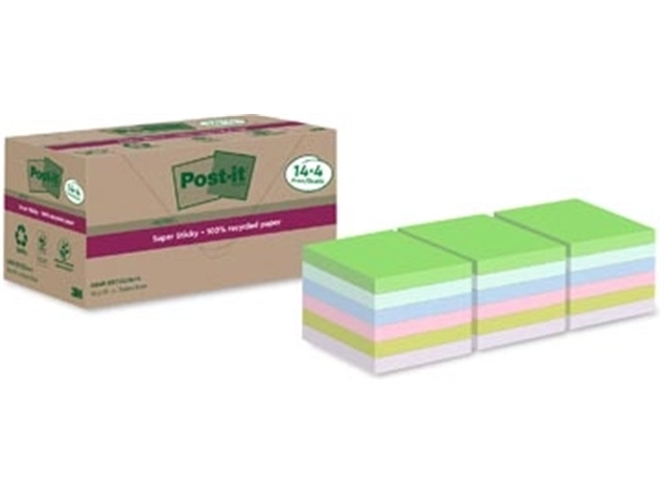 Een Post-it Super Sticky Notes Recycled, 70 vel, ft 76 x 76 mm, assorti, 14 + 4 GRATIS koop je bij Muys Kantoor & Kado