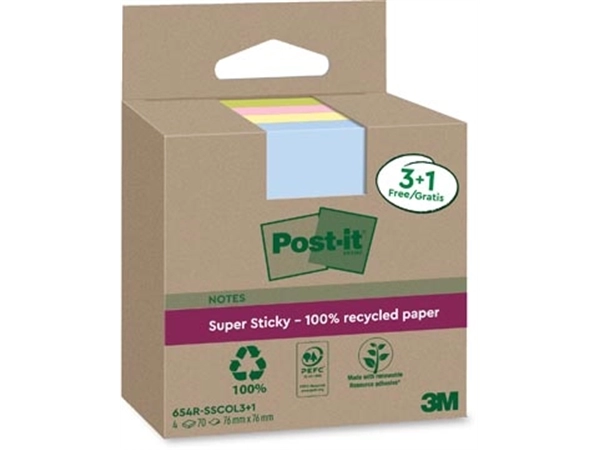 Een Post-it Super Sticky Notes Recycled, 70 vel, ft 76 x 76 mm, assorti, 3 + 1 GRATIS koop je bij Muys Kantoor & Kado