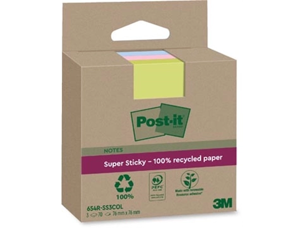 Een Post-it Super Sticky Notes Recycled, 70 vel, ft 76 x 76 mm, assorti, pak van 3 blokken koop je bij Muys Kantoor & Kado