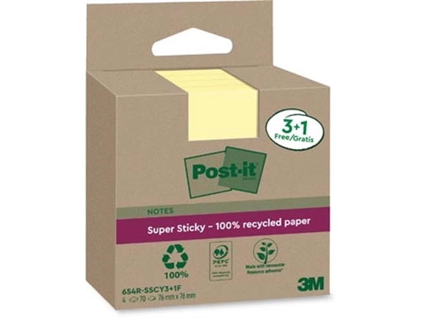 Een Post-it Super Sticky Notes Recycled, 70 vel, ft 76 x 76 mm, geel, 3 + 1 GRATIS koop je bij Muys Kantoor & Kado