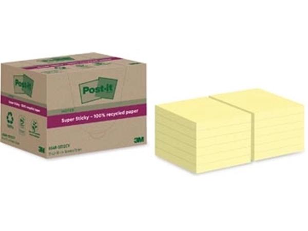 Een Post-it Super Sticky Notes Recycled, 70 vel, ft 76 x 76 mm, geel, pak van 12 blokken koop je bij Muys Kantoor & Kado