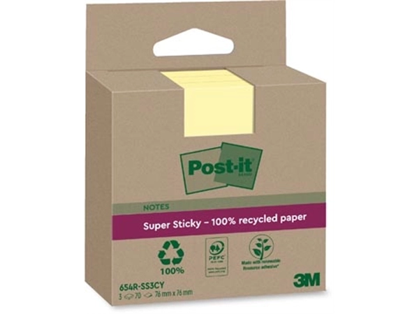 Een Post-it Super Sticky Notes Recycled, 70 vel, ft 76 x 76 mm, geel, pak van 3 blokken koop je bij Muys Kantoor & Kado